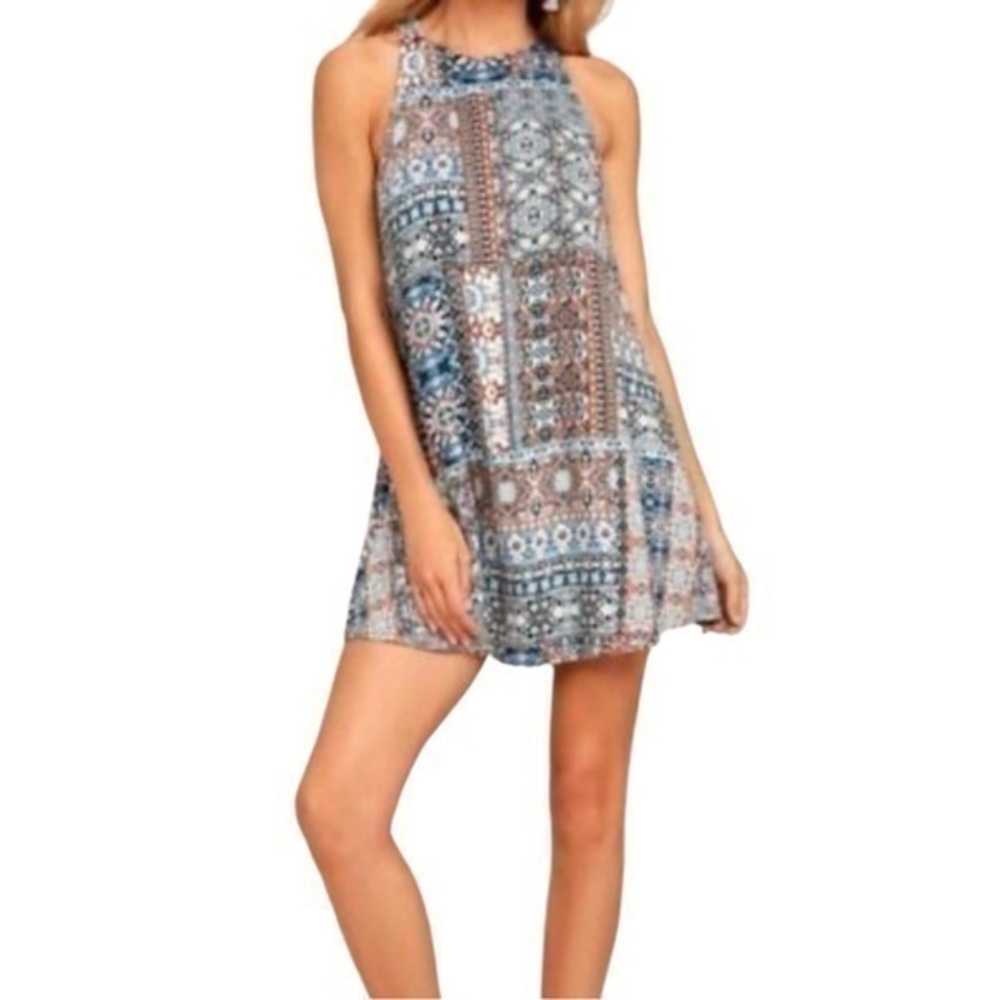 Lulus Design Major Grey Blue Floral Boho Print Sleeveless Swing Dress 💕